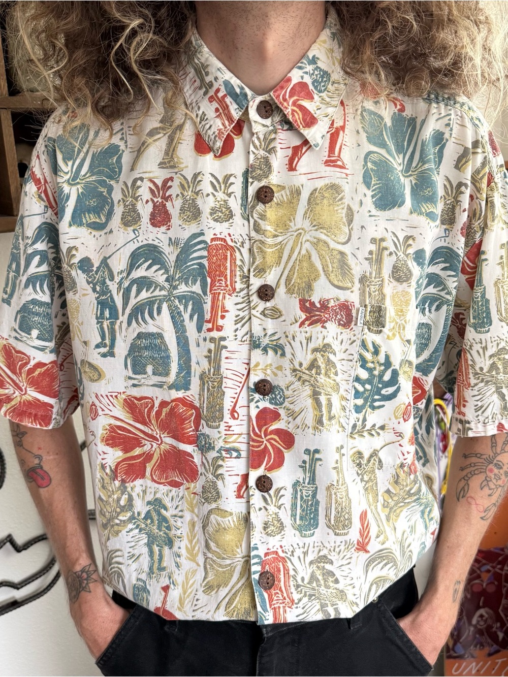 Vintage 80s 90s Hawaiian Golf S/S Button Down Shirt ~ Size Large